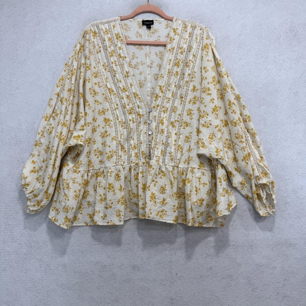 Torrid Blouse Womens 1 White Yellow Floral V Neck Balloon Sleeve Tunic Top Boho